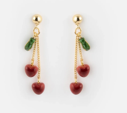 PENDANT CHERRY EARRINGS -CHERRY CHERIE / Boucles d'oreilles pendantes chaîne et cerises - Chérie Cherry