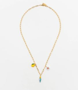 BLUE BUDDGERIGAR BIRD, LEMON & FLOWER NECKLACE / COLLIER PERRUCHE BLEU, CITRON ET FLEUR