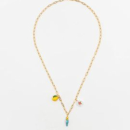 BLUE BUDDGERIGAR BIRD, LEMON & FLOWER NECKLACE / COLLIER PERRUCHE BLEU, CITRON ET FLEUR